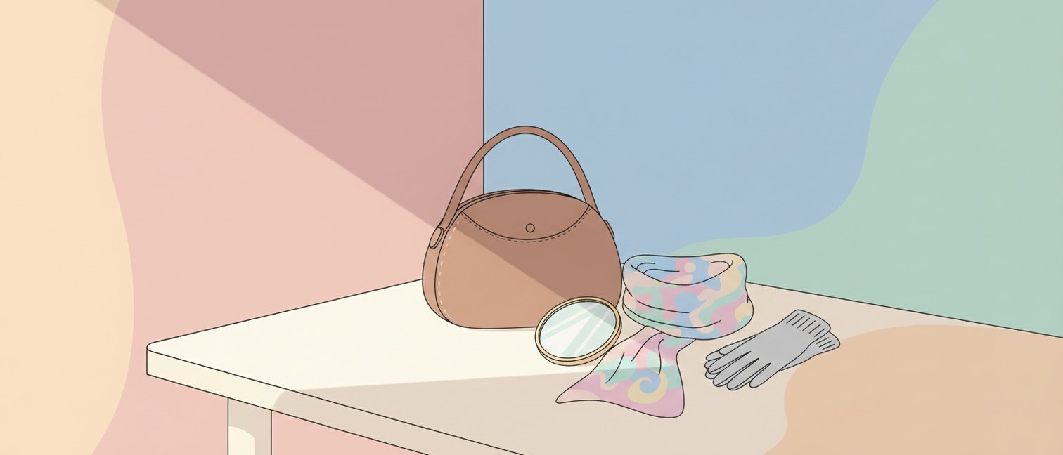 Sac à main en cuir posé sur une table avec un carré de soie et des gants