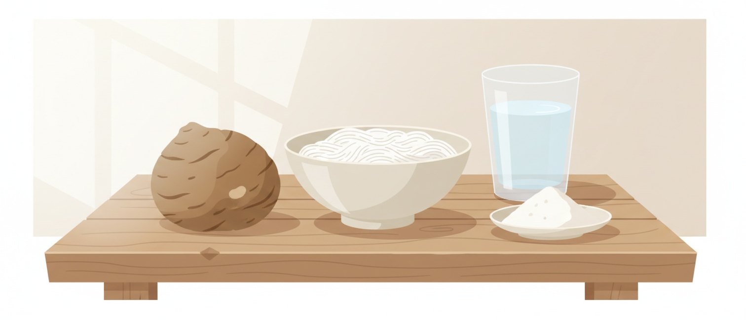 Tubercule de konjac, nouilles translucides et farine blanche sur une table