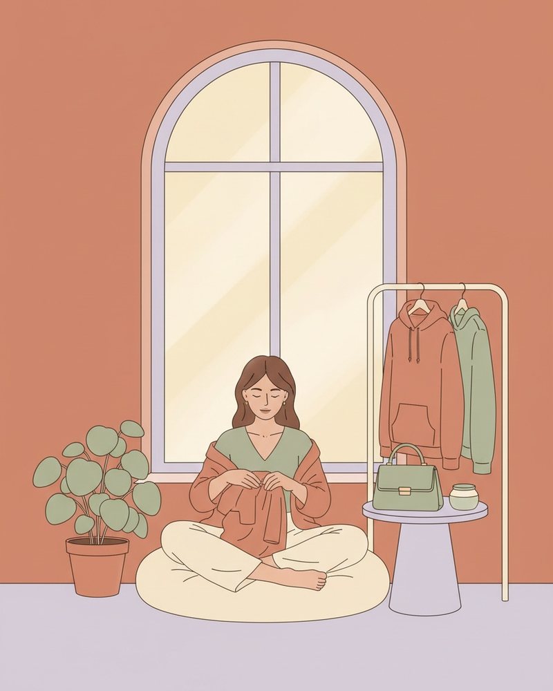 Illustration pastel d'une femme qui plie une surchemise sous une fenêtre en arche, un sac en cuir et un pot de crème posés près d'elle